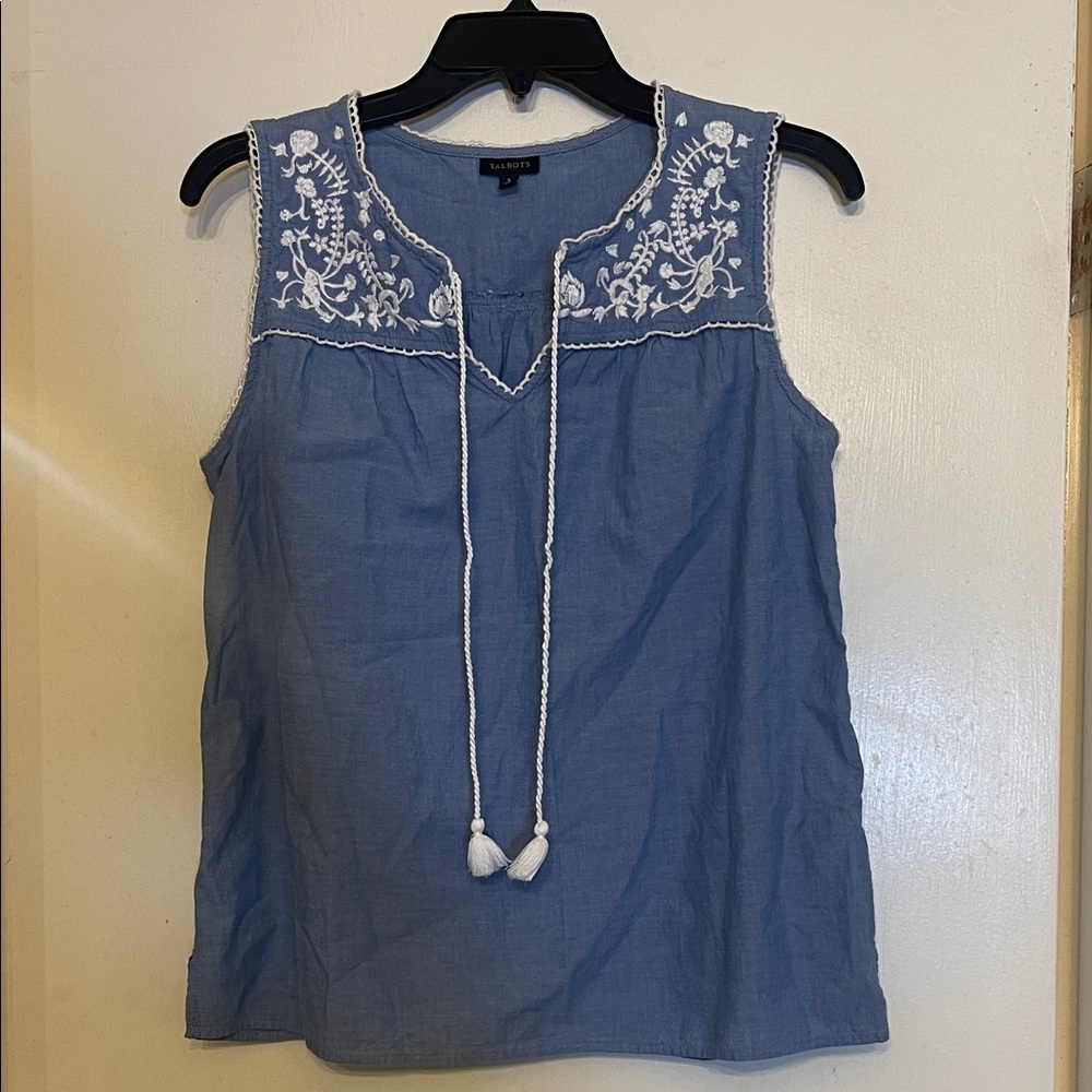 Talbots blue tank top with white embroidery tassels Size small NWOT - Picture 2 of 7